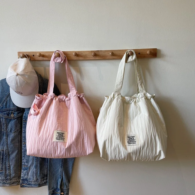 

INS Simplicity Fashion Cute Shoulder Bag Student Girl Cream Color Lazy Style String Tote Bag Large Capacity Fashion Storage Bag