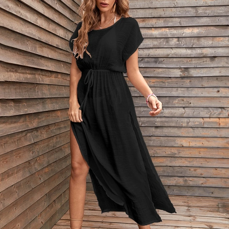 Damen Urlaubskleid, kurze Ärmel, solides Strandkleid, sexy, seitlich geschlitztes Kleid