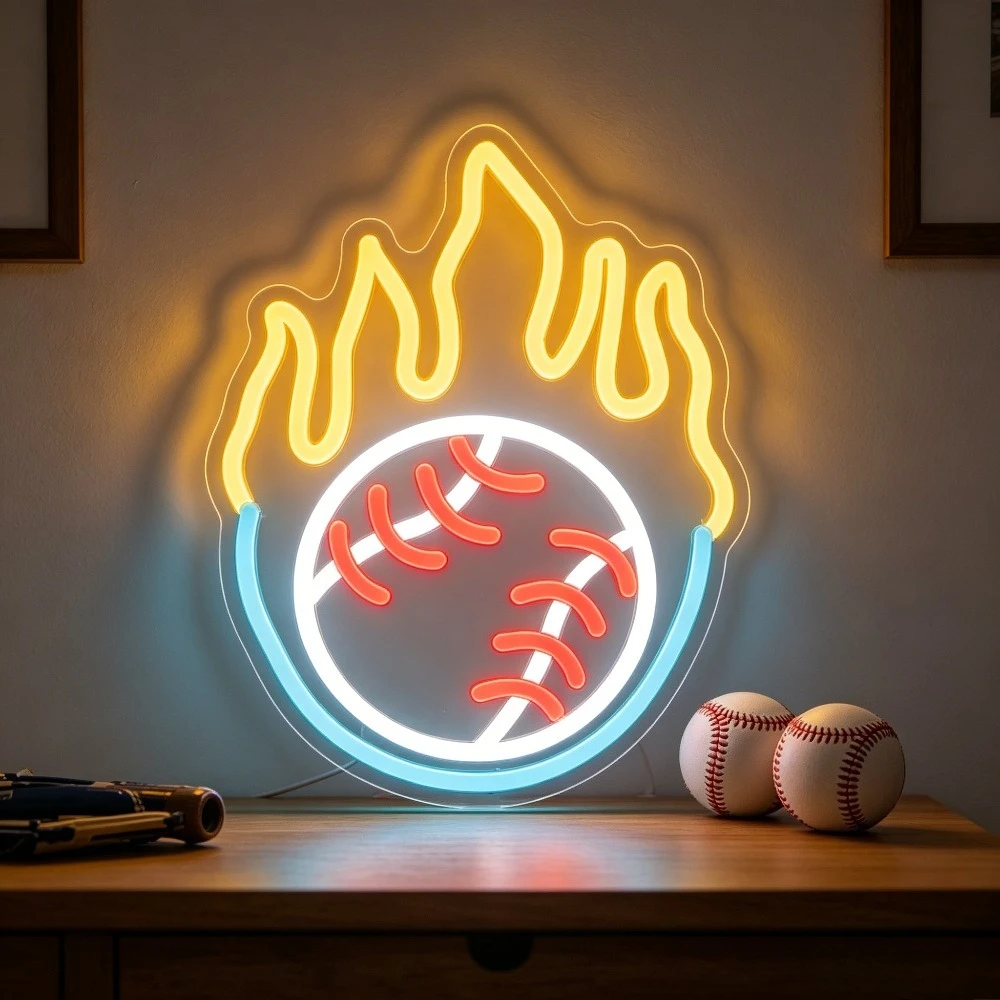 

Baseball Flame Neon Sign LED USB Dimmable Sport Wall Art Decor for Bedroom GameRoom Aesthetic Atmosphere Lighting Team Fan Gifts