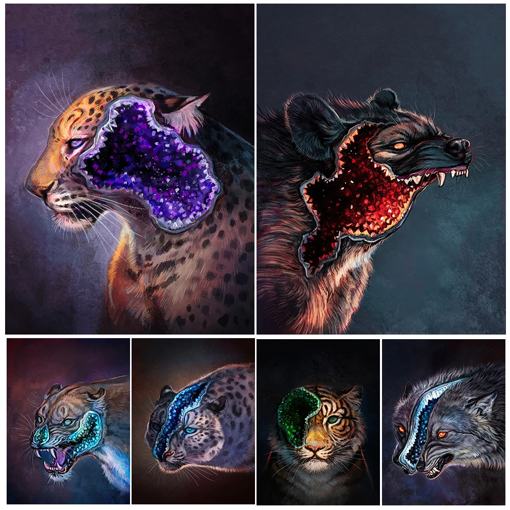 

Creepy Mysterious Animals,Abstract Wall Art Canvas Painting,Hyena,Snow Leopard,Tiger,Deer,Fantasy Animal Art Poster Print Decor