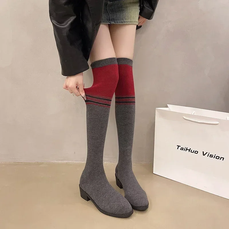 

Sock Boots Women's Thick Heel Thin Knitted Round Toe Color Matching 2024 Spring and Autumn sexy Elastic Long Leg Over Knee Boots