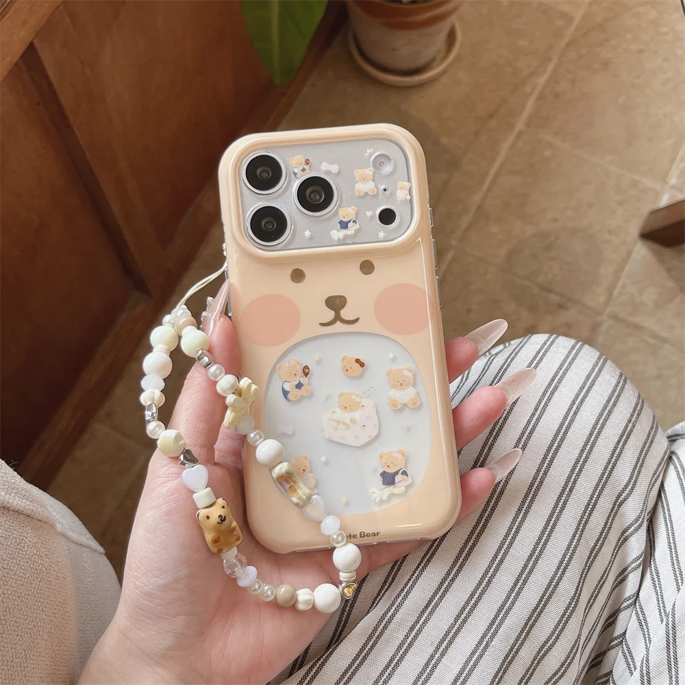Cute Cartoon Bear Face Phone Case For iPhone 15 16 17 Pro Max Cream Beige Bear Sticker Shockproof Protective Cover For Girls