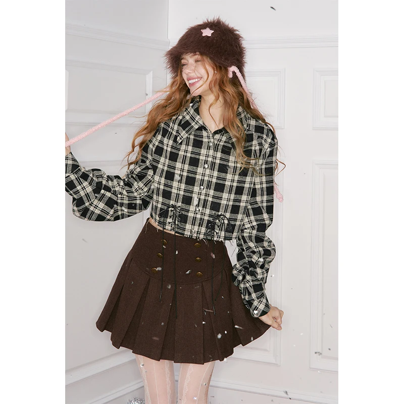 ELFSACK سترة نسائية قصيرة Preppy 2025 خريف شتاء منقوشة ربطة القوس فيونكة كم منتفخ ملابس خارجية غير رسمية حلوة