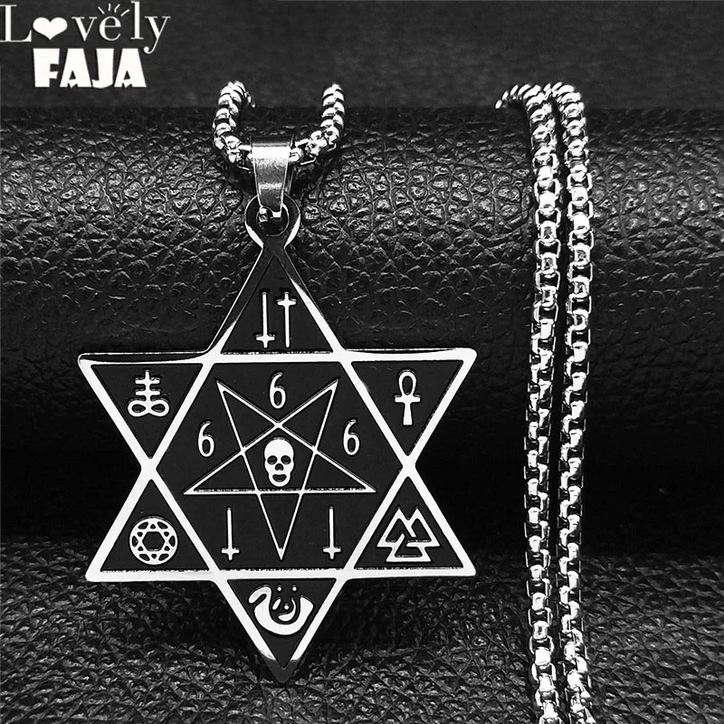 666 Satan Skull Hexagram Stainless Steel Necklaces Black Silver Color Inverted Pentagram Necklace Jewelry bijoux N2748S03