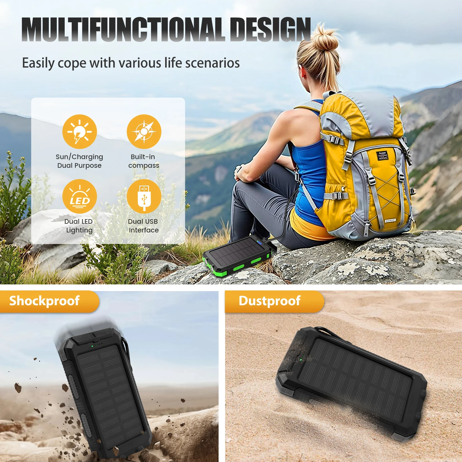 30000mAh بنك الطاقة الشمسية المحمولة شحن Poverbank المزدوج 5 فولت منافذ USB 2 مصباح ليد مصباح يدوي آيفون التخييم في الهواء الطلق Hik