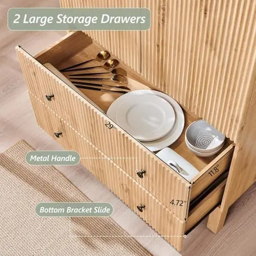 خزانة مخزن مقوسة مخددة، طول 71 بوصة مع أرفف قابلة للتعديل ودرجين، وحدة تخزين المطبخ قائمة بذاتها