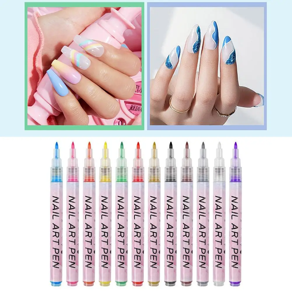 12 farben Nail art Marker Stift Pinsel 0,7mm Graffiti Zeichnung Malerei Maniküre Stift Blume Muster Werkzeuge Linie Welle S8P9