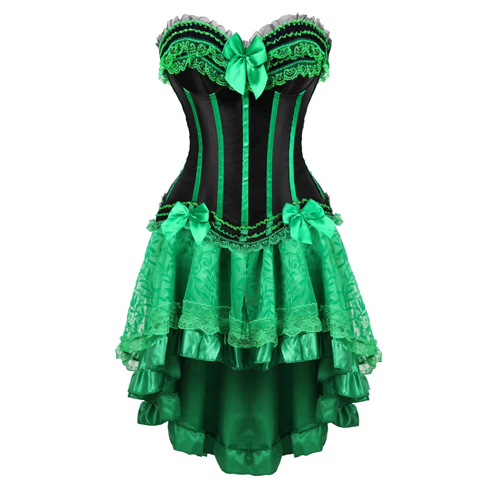 Sexy Green Medieval Victorian Satin Lace Up Burlesque Bustier Corset Suit Tutu Skirt Halloween Costume Exotic Lingerie Dress