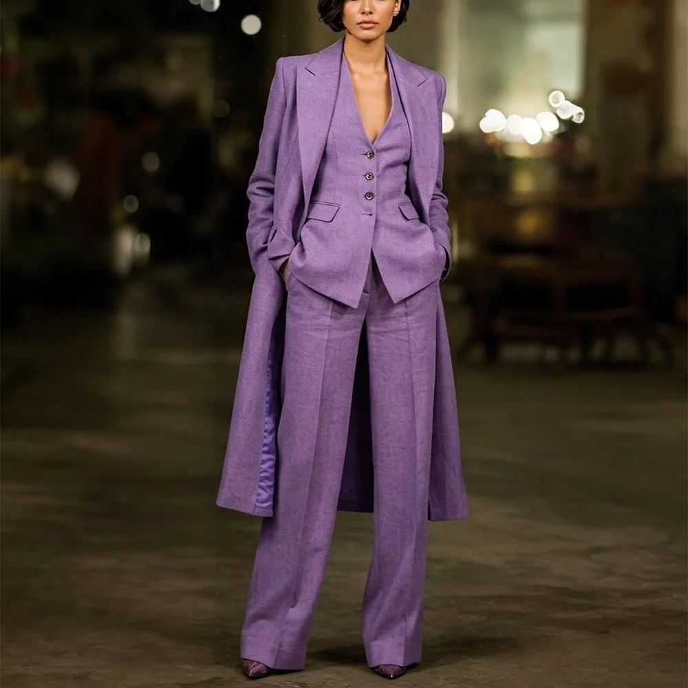 Costume de couleur unie violet pour femmes, moderne, revers à pointe, droit, ajusté, tenue d'affaires, 3 pièces, soirée, bureau, ensemble de costume formel