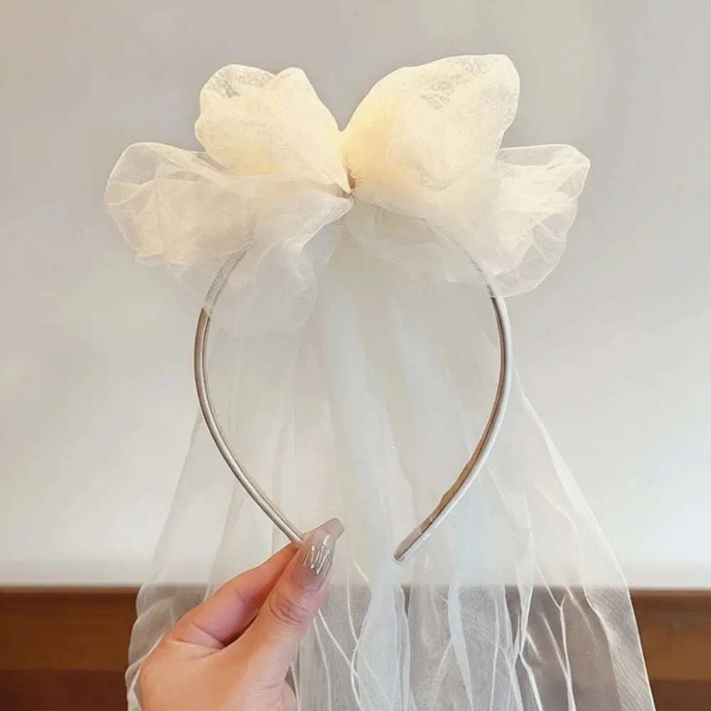 

Elegant Flowing Bow Veil Hair Hoop Mesh Beige Girls Head Gauze Pink Hairband Bridal Tulle Party Cosplay