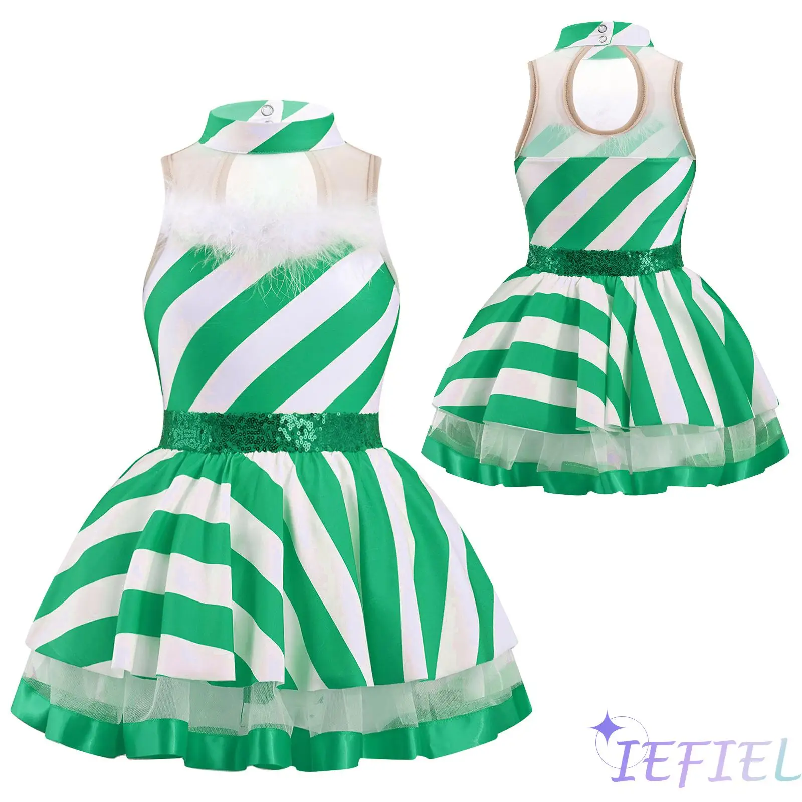 

Kids Girls Christmas Festival Role Play Costume Tutu Princess Dress Back Mesh Stripes Print Dress Fancy Skating Costume