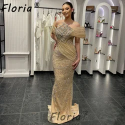 Luxury Dubai Champagne Beaded Mermaid Evening Party Dress Crystal Off the Shoulder Customized Couture Special Occasion Dresses