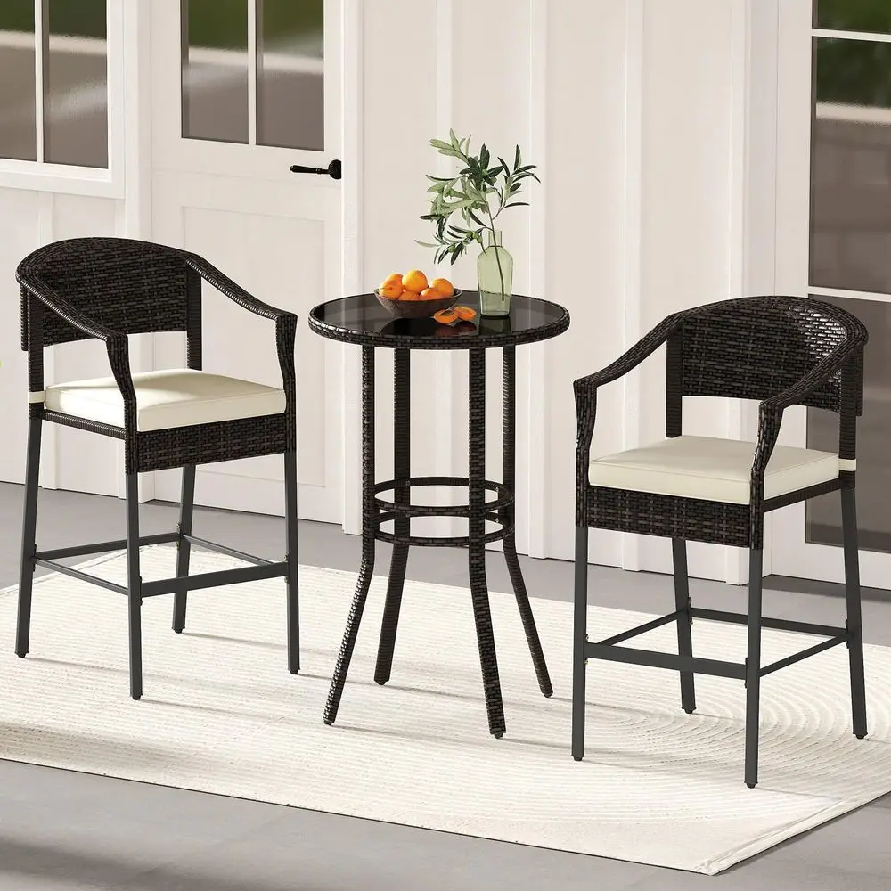 

3Piece Patio Rattan Bar Set, Wicker Bar Height Armchairs amp Round Table w Tempered Glass Top, Cushioned High Top Bistro Furnit