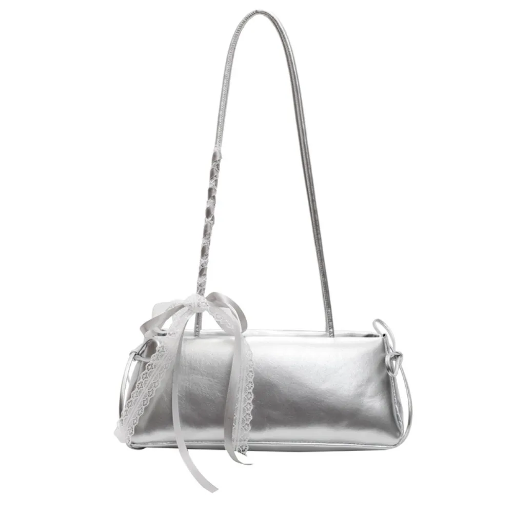 

Solid Color French Stick Handbag High Quality Bow Ribbon Silver PU Shoulder Bag Waterproof Y2K Cylinder Underarm Bags Work