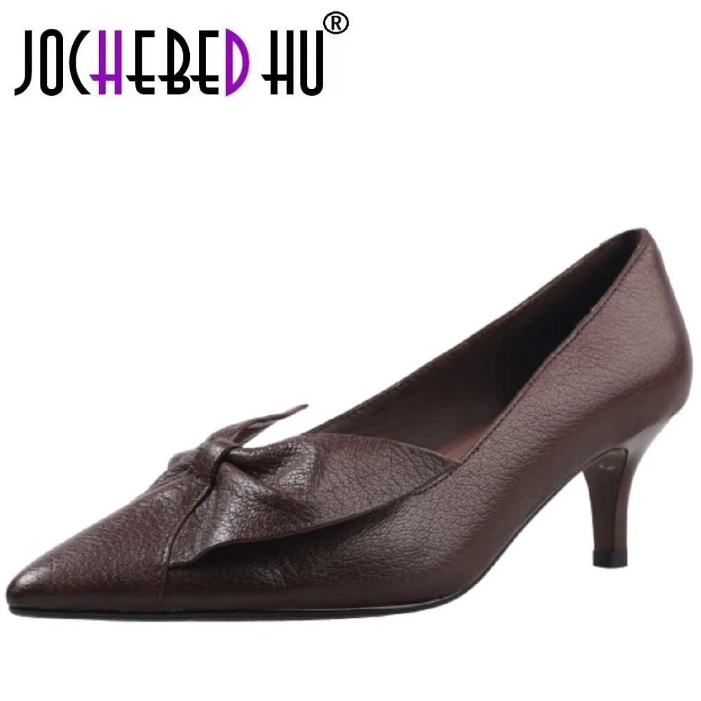 

【JOCHEBED HU】Новые туфли ручной работы из натуральной кожи с узлом-бабочкой на тонком каблуке, туфли на высоком каблуке с острым носком, средний каблук