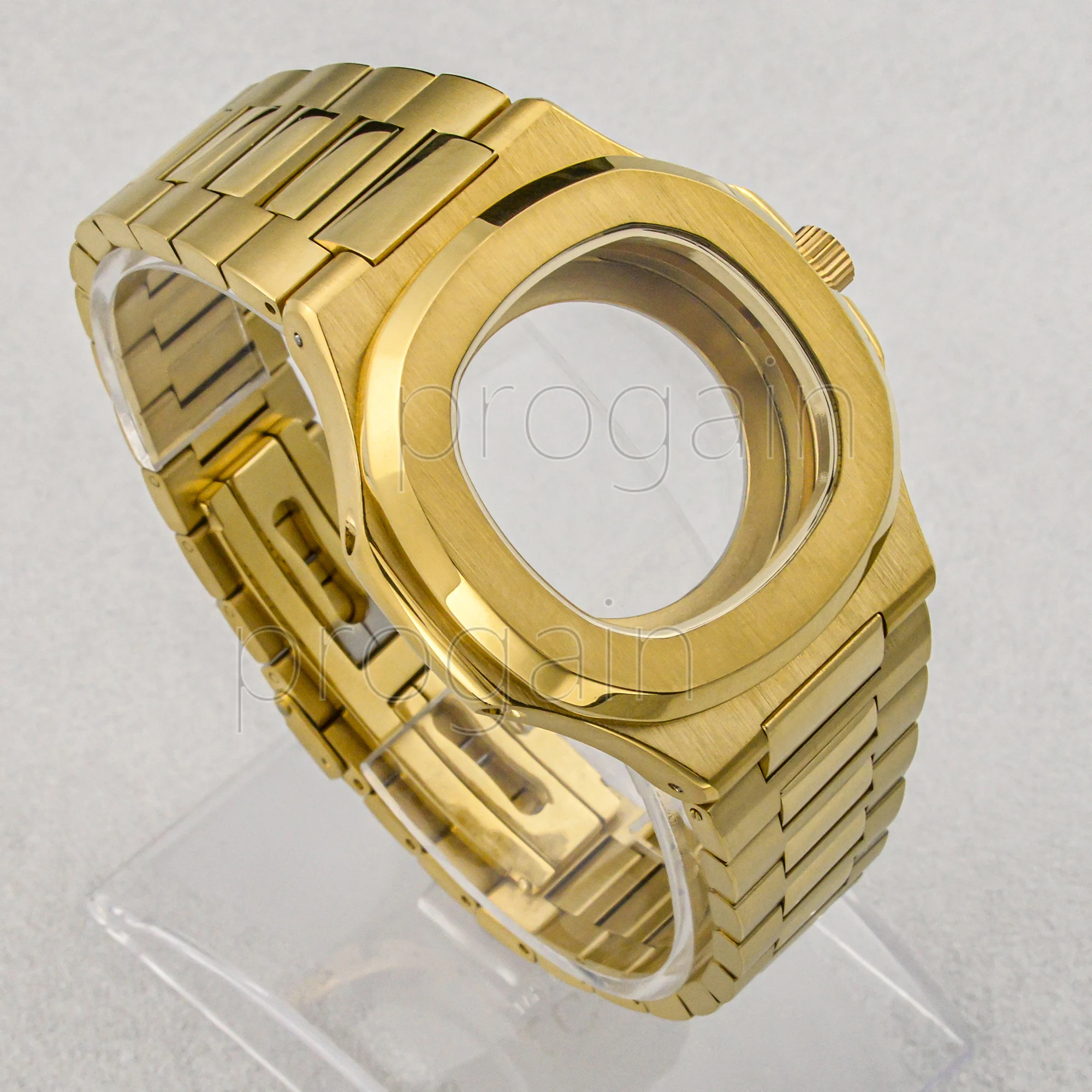 Gold Men 316L Stainless Steel Watch Transparent Case Strap Fit Nautilus NH35 Movement 30.5mm Dial Watch Mod Parts Relpacement