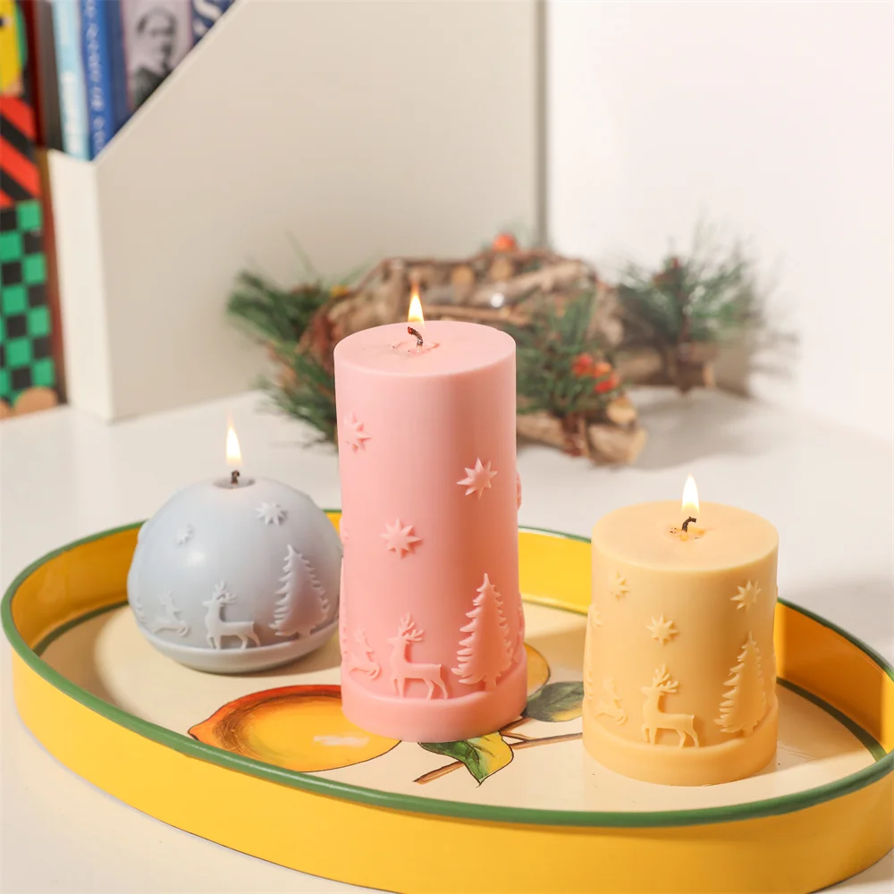 Chritsmas Embossed Pillar Candle Silicone Mold with Chrsitmas Tree Cylindrical Candle Making Mould DIY Handmade Xmas Gift