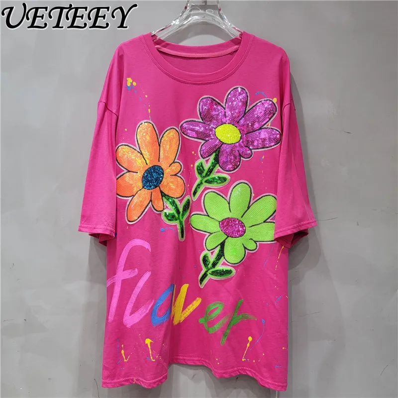 2024 Summer New White Round Neck Heavy Embroidery Sequins Tops Flower Hand Painted Graffiti Loose Short Sleeve T-shirt Female