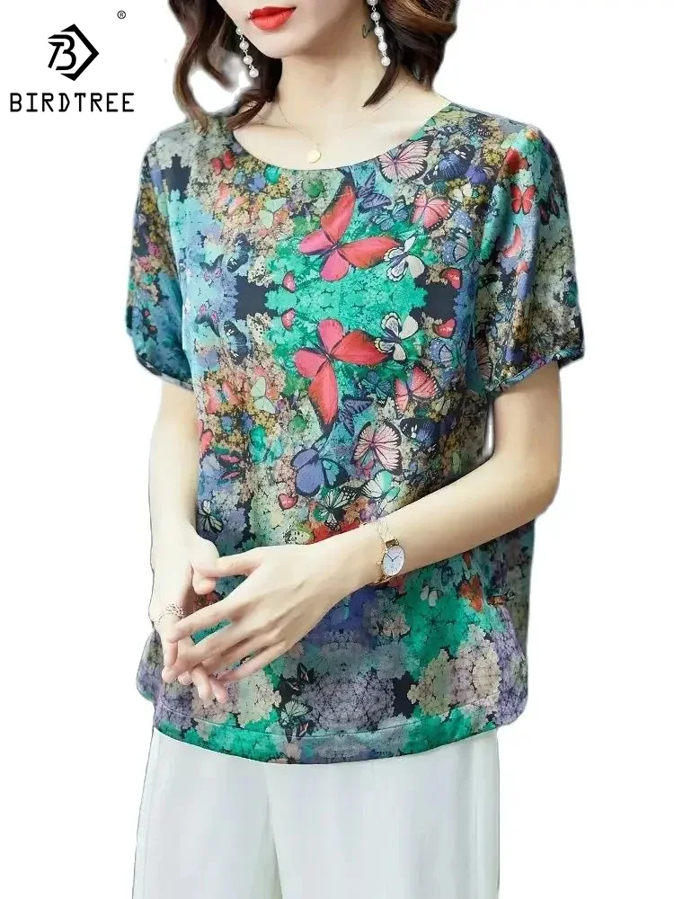 BirdTree 87.7% Mulberry Silk Shirt for Women, Short Sleeve Butterfly Print, Loose Fashion OL Blouses, 2024 Spring Tops T42225QM