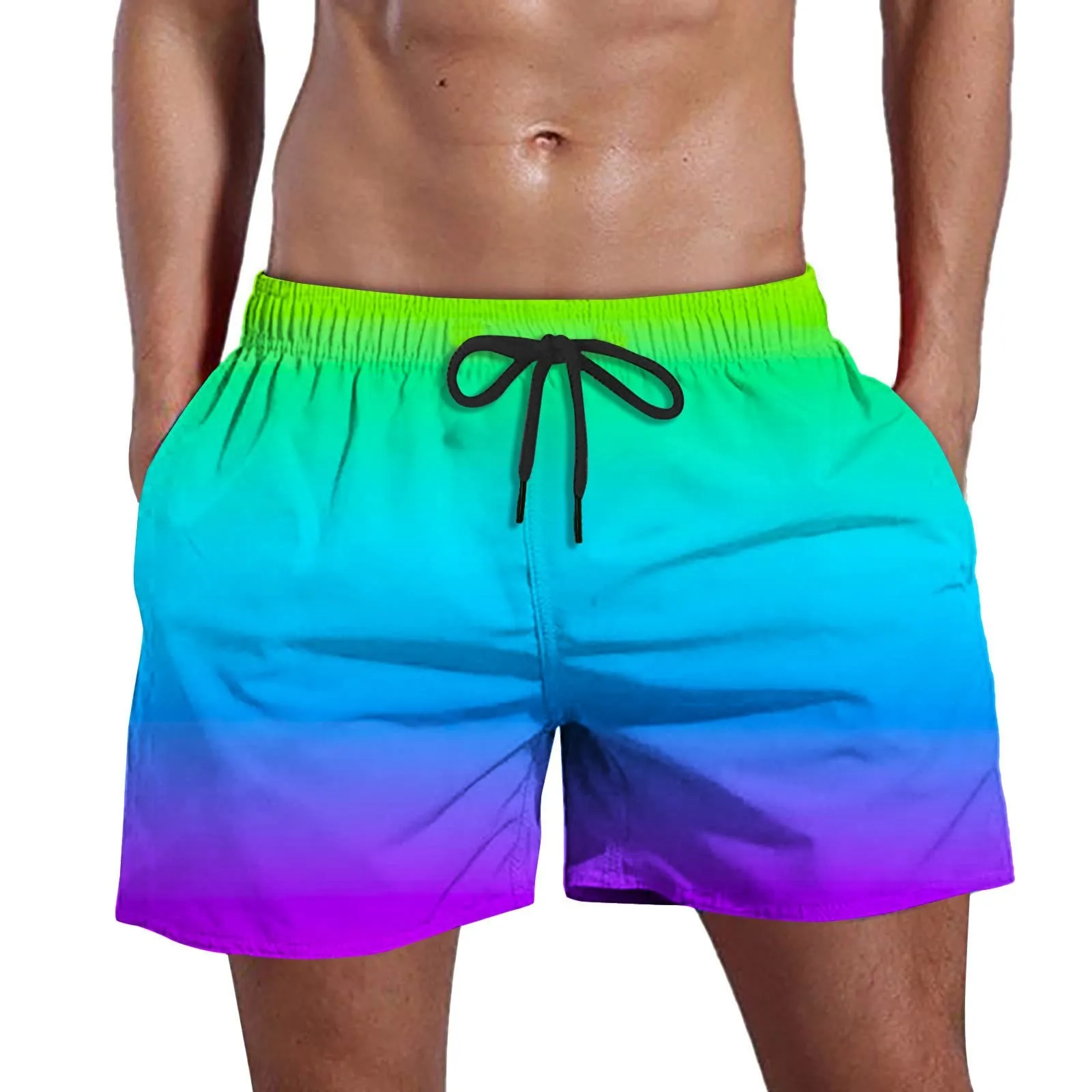 Shorts de cordão de secagem rápida com bolsos, moda praia estampada gradiente, moda praia masculina, troncos de verão, 2022