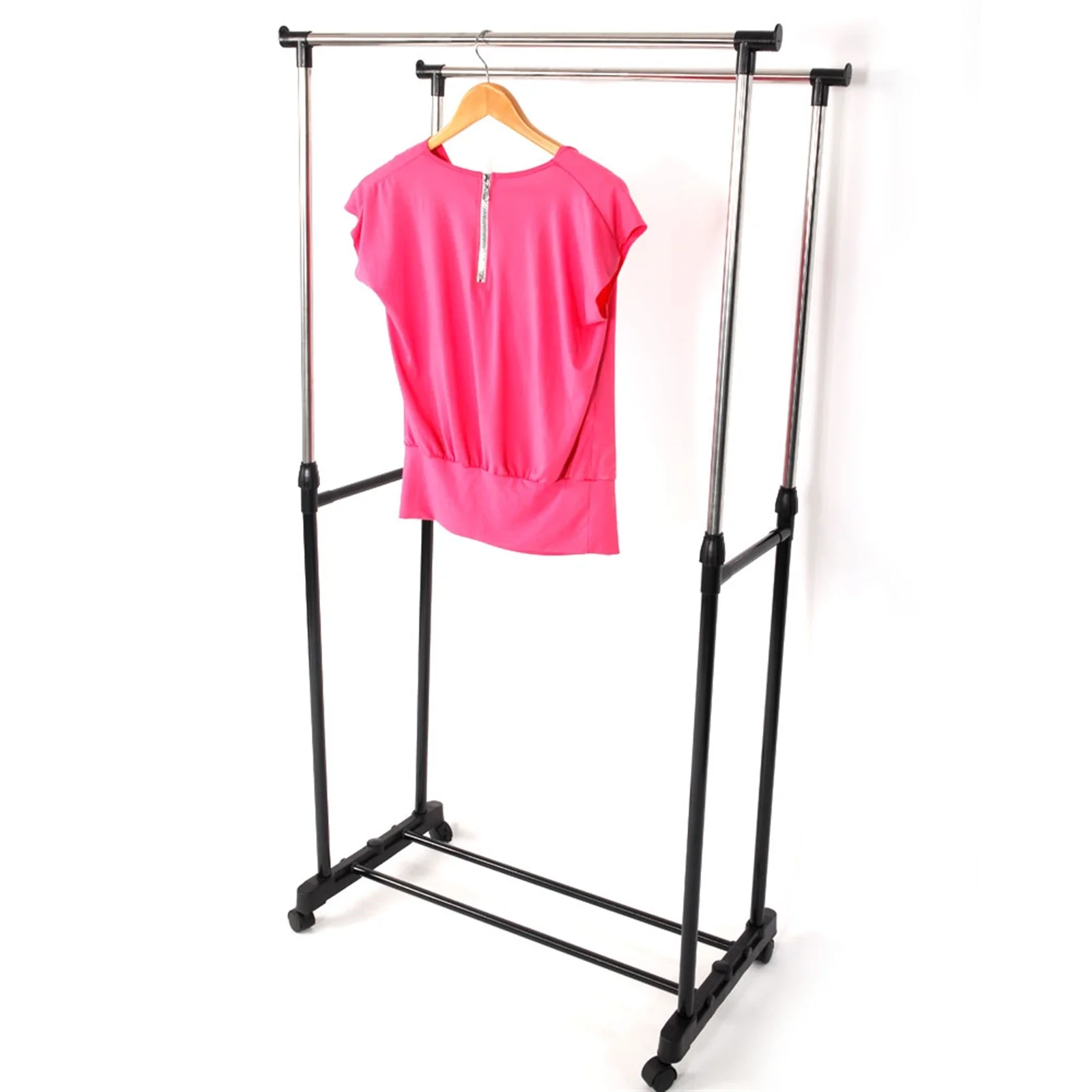 Dual-bar Vertical & Horizontal Stretching Stand Clothes Rack with Shoe Shelf YJ-03 Black & Silver