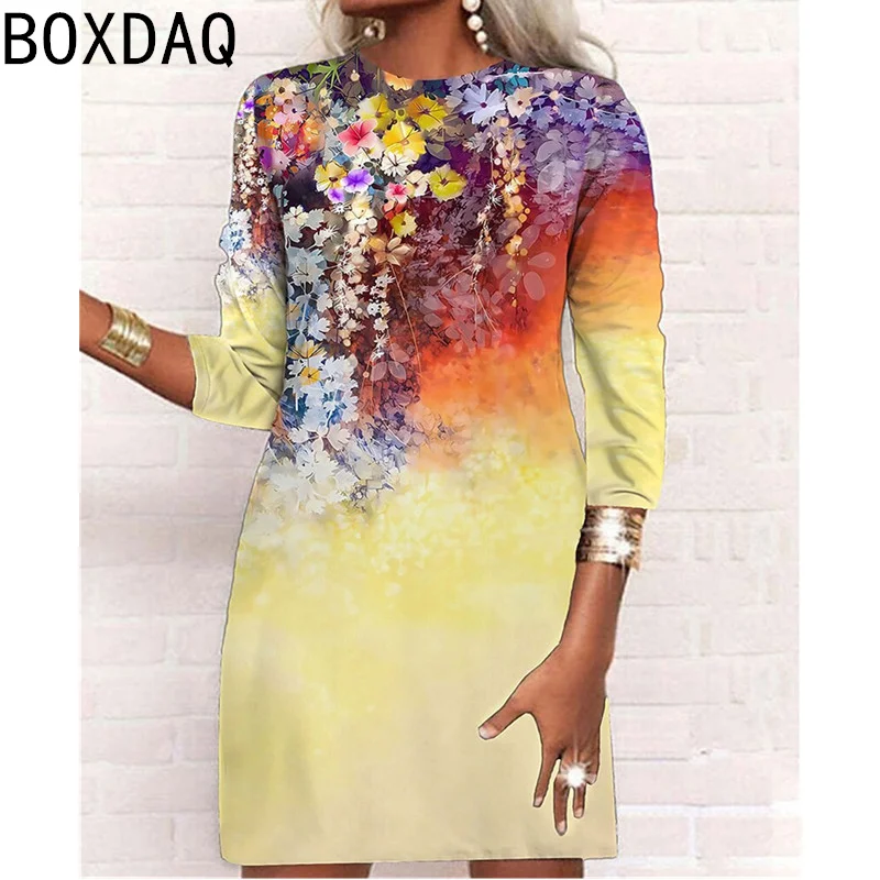 Fashion Colorful Gradient Print Dress 6XL Big Size Women Spring Long Sleeve O-Neck Casual A-Line Dress Vestidos