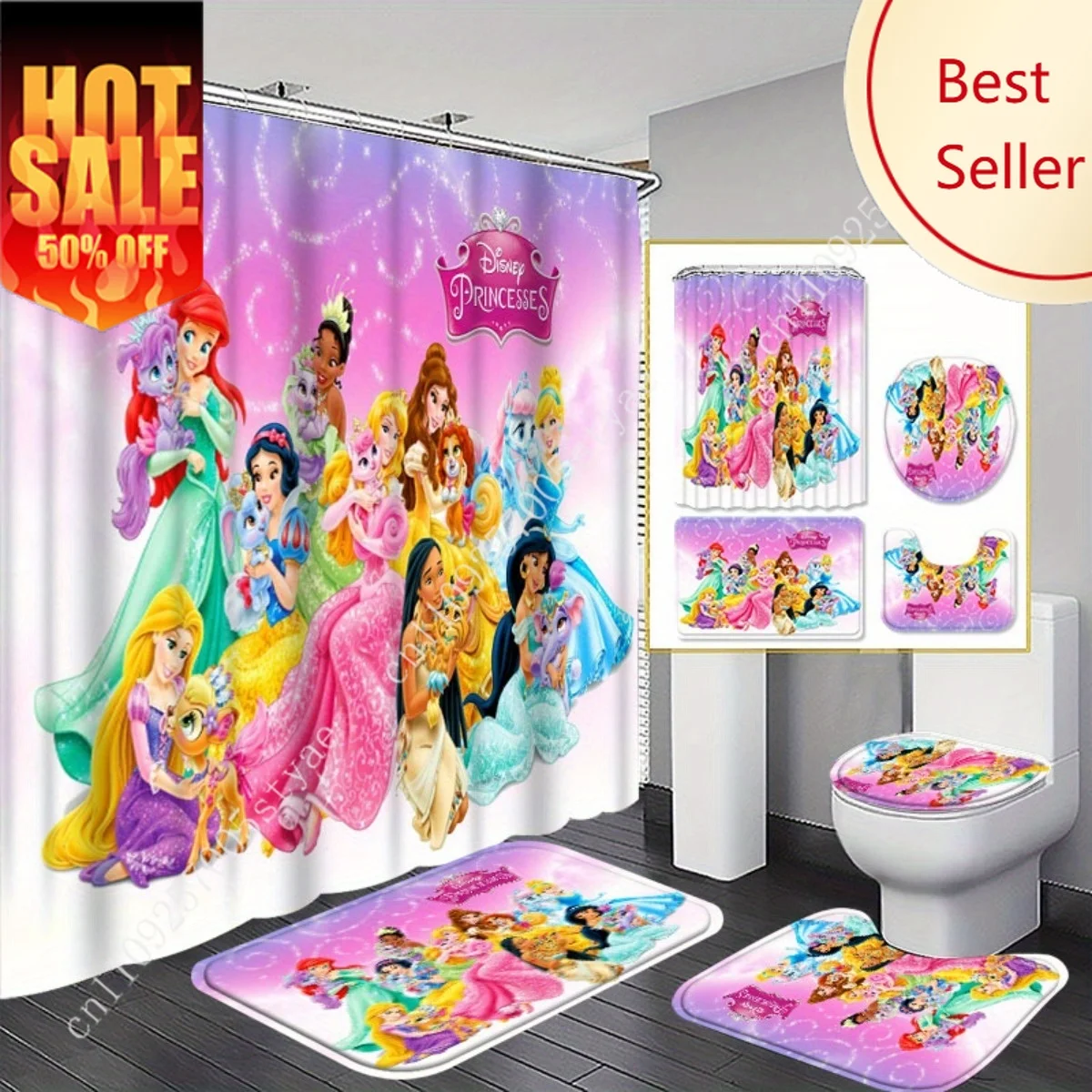 

Disney Princesses Ariel Belle Cinderella Jas Shower Curtain Set Disney Cartoon Decoration Gifts Floor Mats Toilet Seat Cover