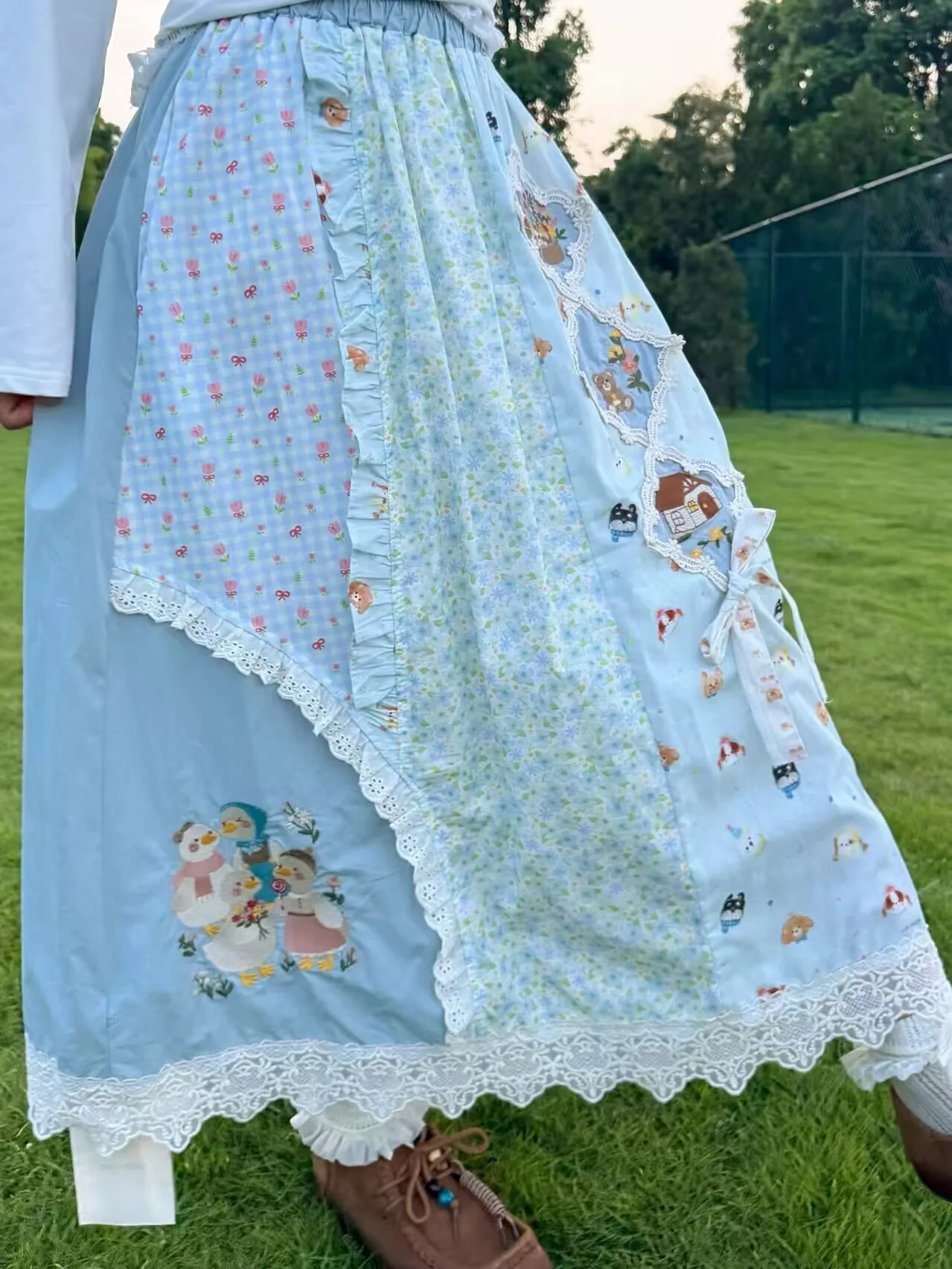 Blue Color Women High Elastic Waist Casual Loose Midi Skirts Japanese Mori Girl Vintage Patchwork Lace Embroidery Cotton Skirts