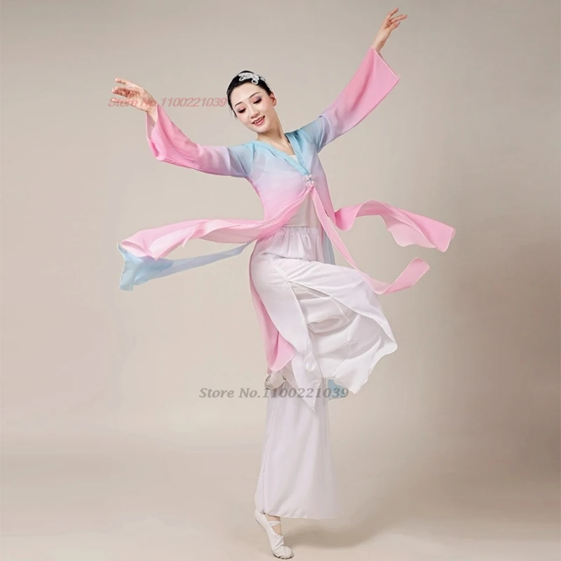 2025 중국 빈티지 댄스 의상 그라데이션 색상 쉬폰 한푸 상의+하의 세트 전통 훈련 무대 공연 민속 의상