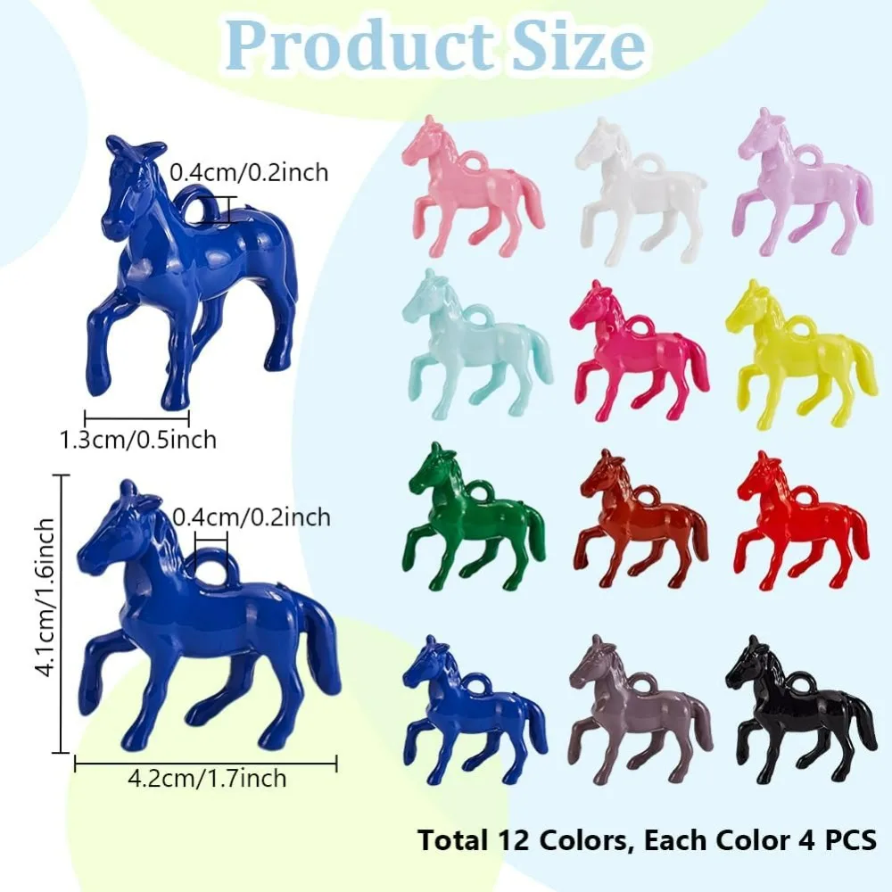 48pcs Opaque Acrylic Pendants 12 Colors Little Horse Animal Resin Charms Horsemanship Pendants Colorful Craft Beads making kit