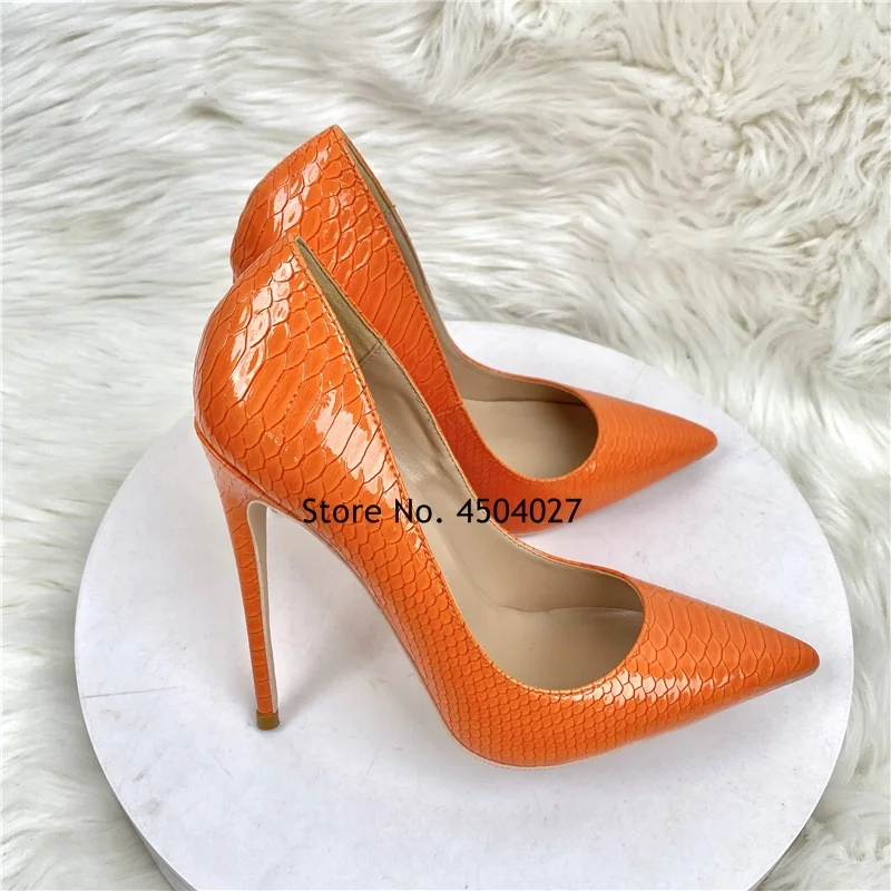 

Оранжевые женские туфли-лодочки из лакированной кожи со змеиной кожей на высоком каблуке с острым носком, элегантные женские туфли на каблуке 12 см, 10 см, 8 см
