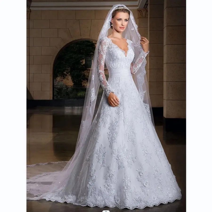 

Luxury Train Vestido De Noiva Customized Long Sleeve Lace Wedding Dress 2024 With Flowers Sexy V-neck Wedding Gowns QQ Lover