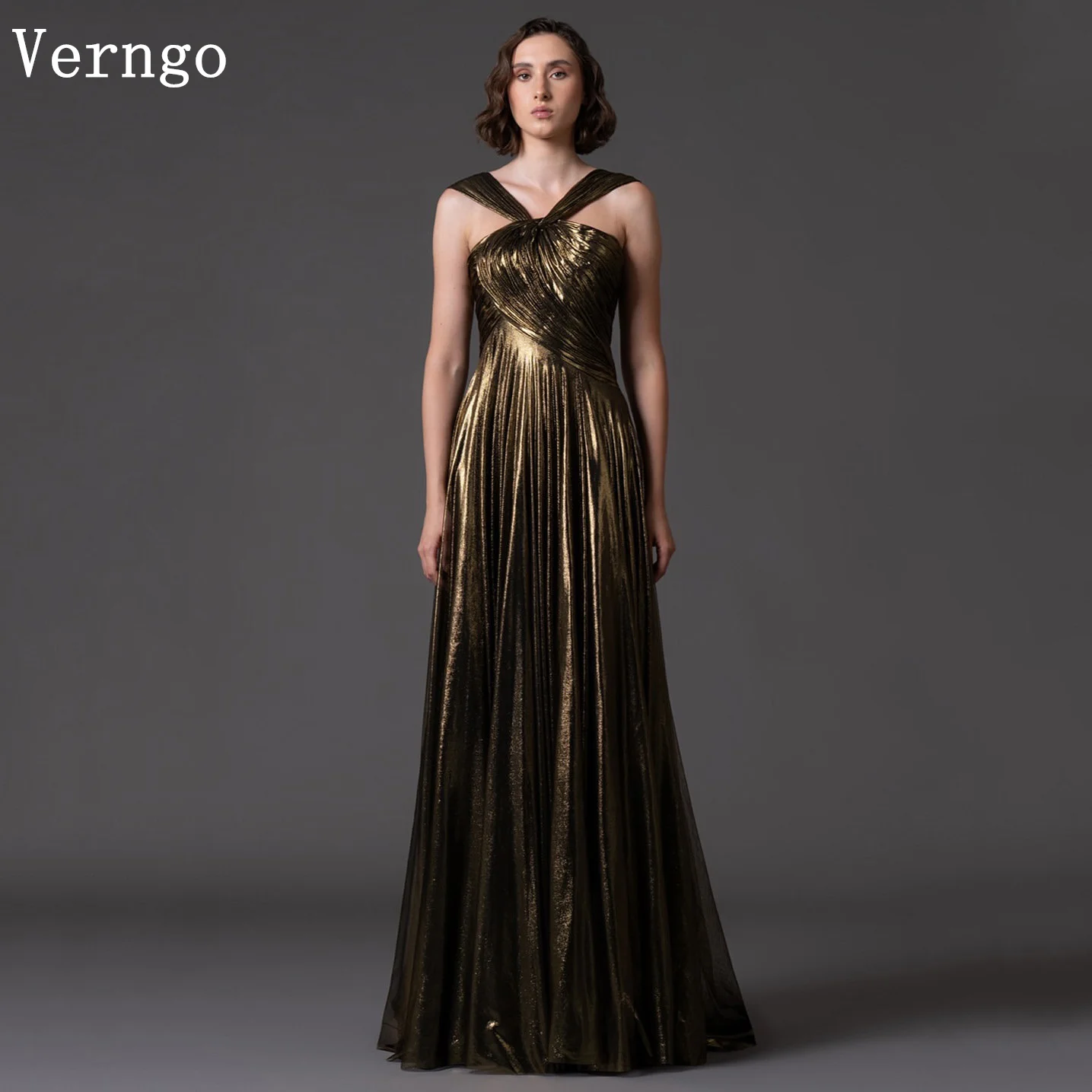 

Verngo Shiny Evening Dress Halter A Line Formal Occasion Dresses Women Elegant Pleat Women Maxi Prom Gowns Customized