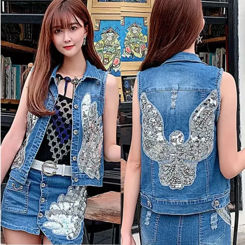 Fashion Denim Vest Jacket Womens Spring Summer New Basic Vests Coat Elastic Embroidery Sequins Female Korean Cowboy Waistcoat