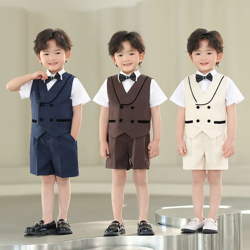 

Летний детский костюм для мальчиков, детские формальные элегантные костюмы для мальчиков, британский стиль, свадебный костюм джентльмена, детский жилет для мальчиков, шорты, костюм