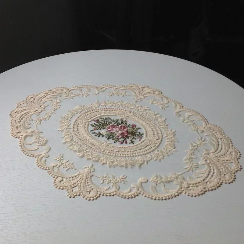 European Oval Lace Embroidery Coaster Bedroom Study Kitchen Cup Table Mat Food Fruit Plate Cover Decoration