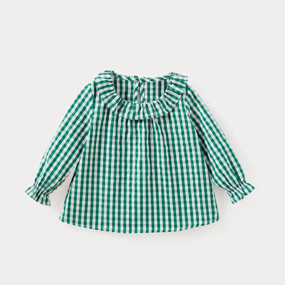 Spring Baby Girls Blouses Kids Peter Pan Collar Cotton Shirt Girls Long Sleeve Plaid shirt Clothes Girl Tops 3 Designs