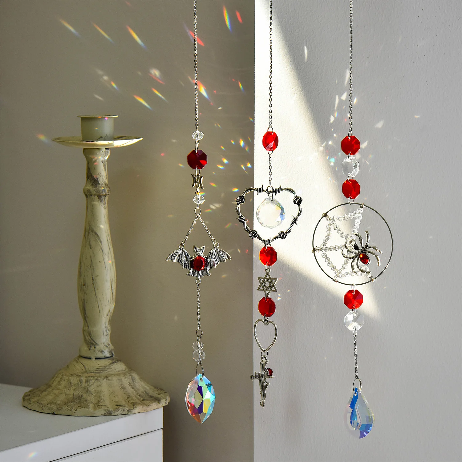 Picture 5: 3pcs Spider Web Wall Mounted Wind Chime with Crystal Home and Garden Decor Gothic Halloween Horror Spider Web Decoration