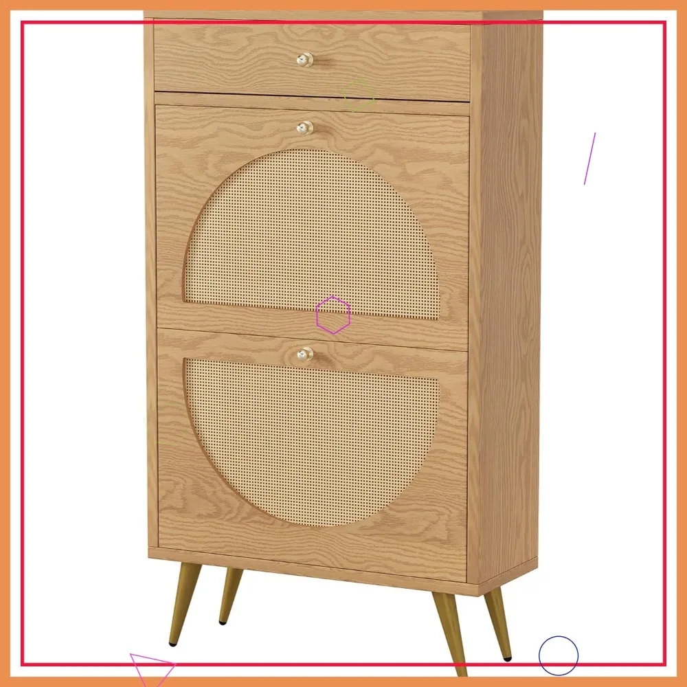 

Отдельно стоящий шкаф для обуви с дверцами и ящиком из ротанга, регулируемая полка для хранения в прихожей