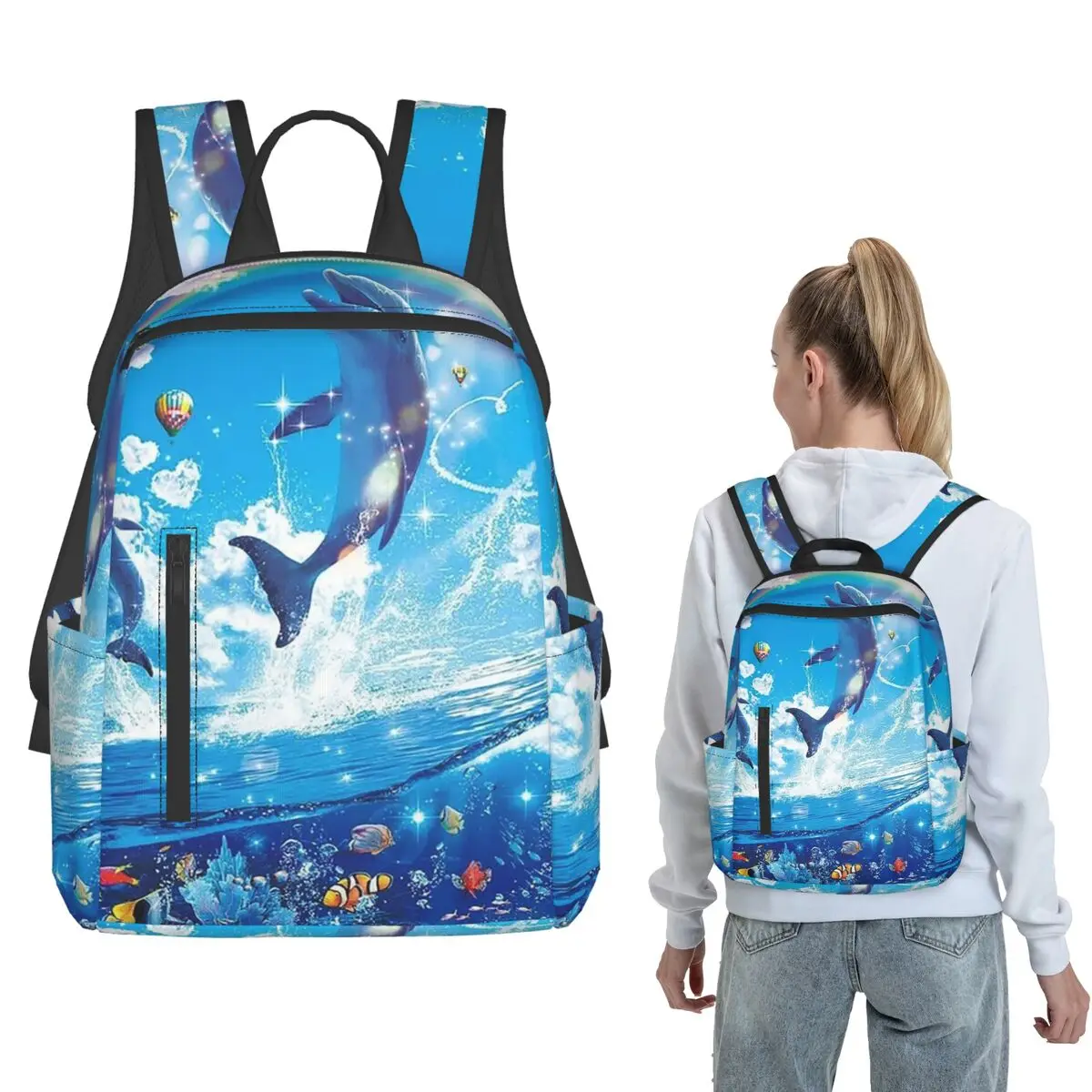 

Dolphin Jumping Out Of Water And Full Moon Backpack Daypack Kids BookBag School Bag Shoulder Bags for Men Women