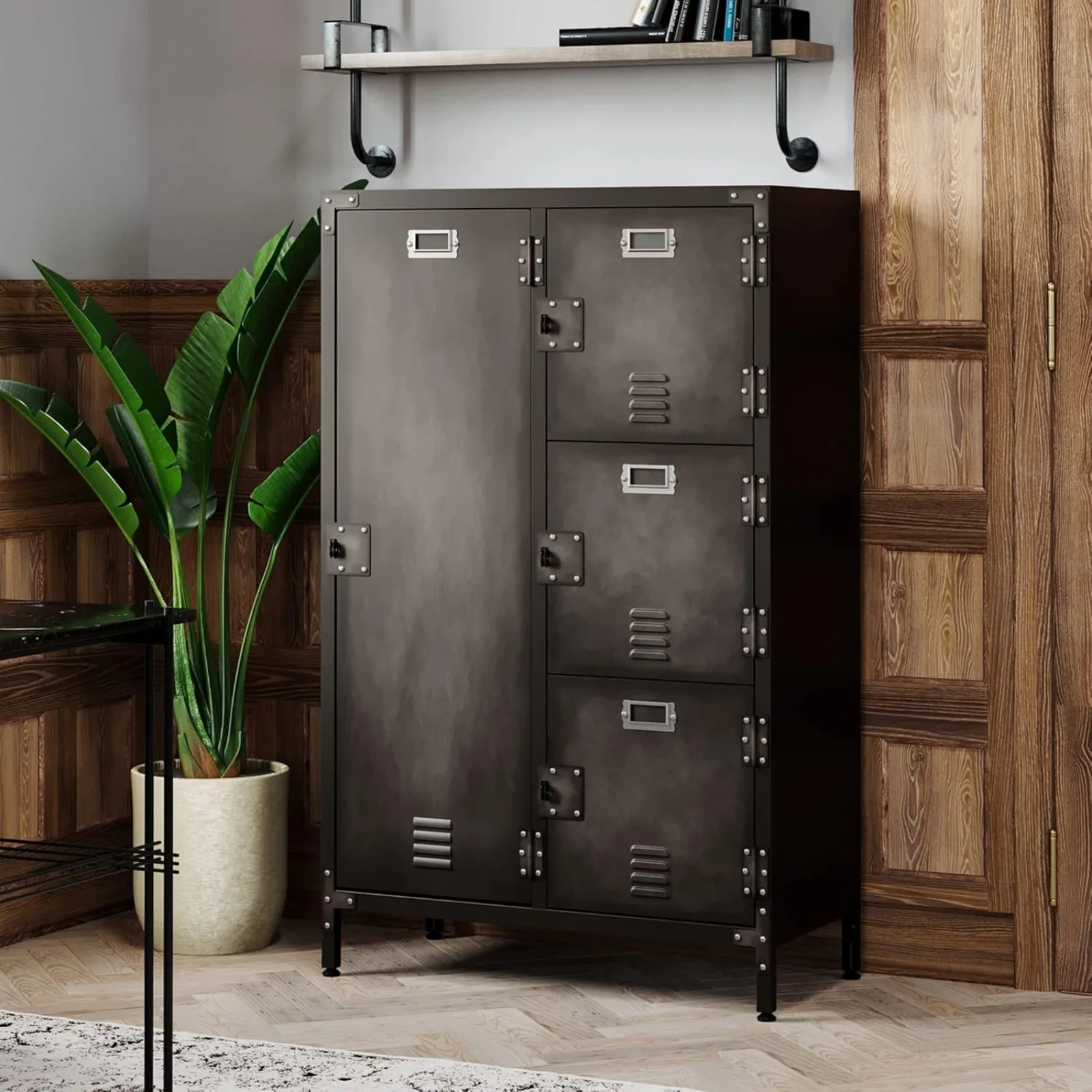 US Metal Locker Storage Cabinet,55" Steel Retro Wardrobe,4 Doors Lockable,Adjustable Feet Organizer Locker for Employees