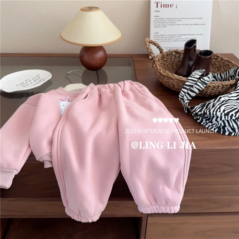 2024 Winter Children Girls 2PCS Clothes Set Cotton Plus Velvet Cartoon Sweatshirts Loose Fleece Pants Suit Toddler Girls Outfits