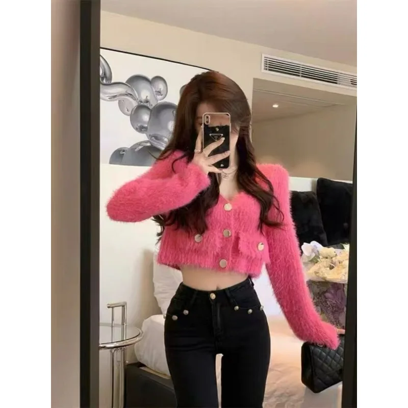 Autumn and Winter New Pink Imitation Mink Fur Coat Women's Short Coat High-grade Imitation Mink Cashmere Knitted Cardigan Top