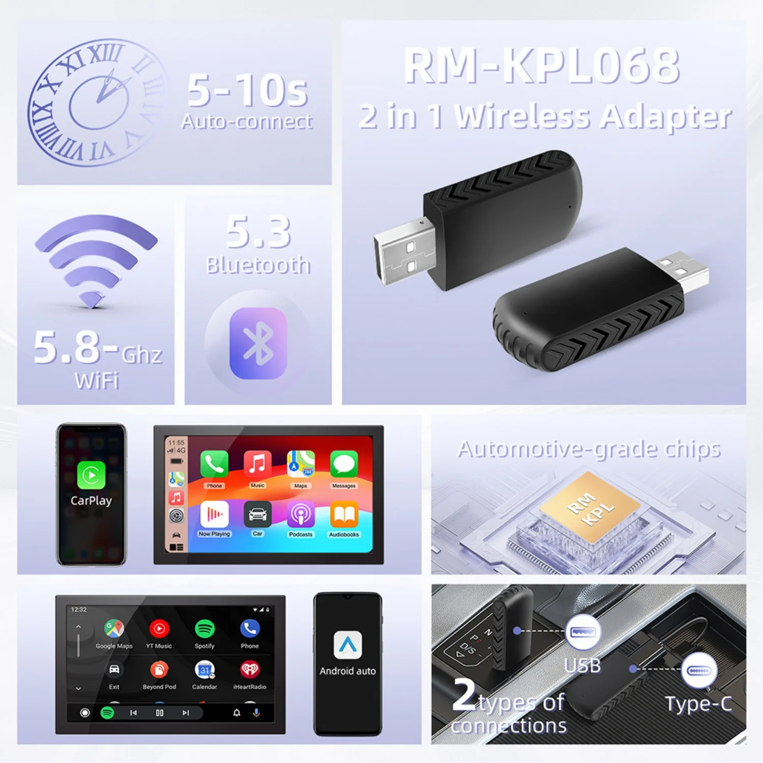 Car Wired To Wireless Carplay Adapter Android AutoIOS Smart Car Module Voice Assistant Quick Connection Plug and Play