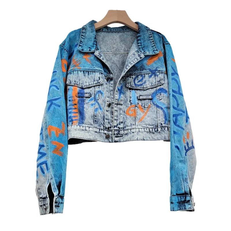 Streetwear Fashion Graffiti Print Denim Jacket Women Loose High Waisted Short Cowboy Outerwear Big Pocket Jeans Jackets Female