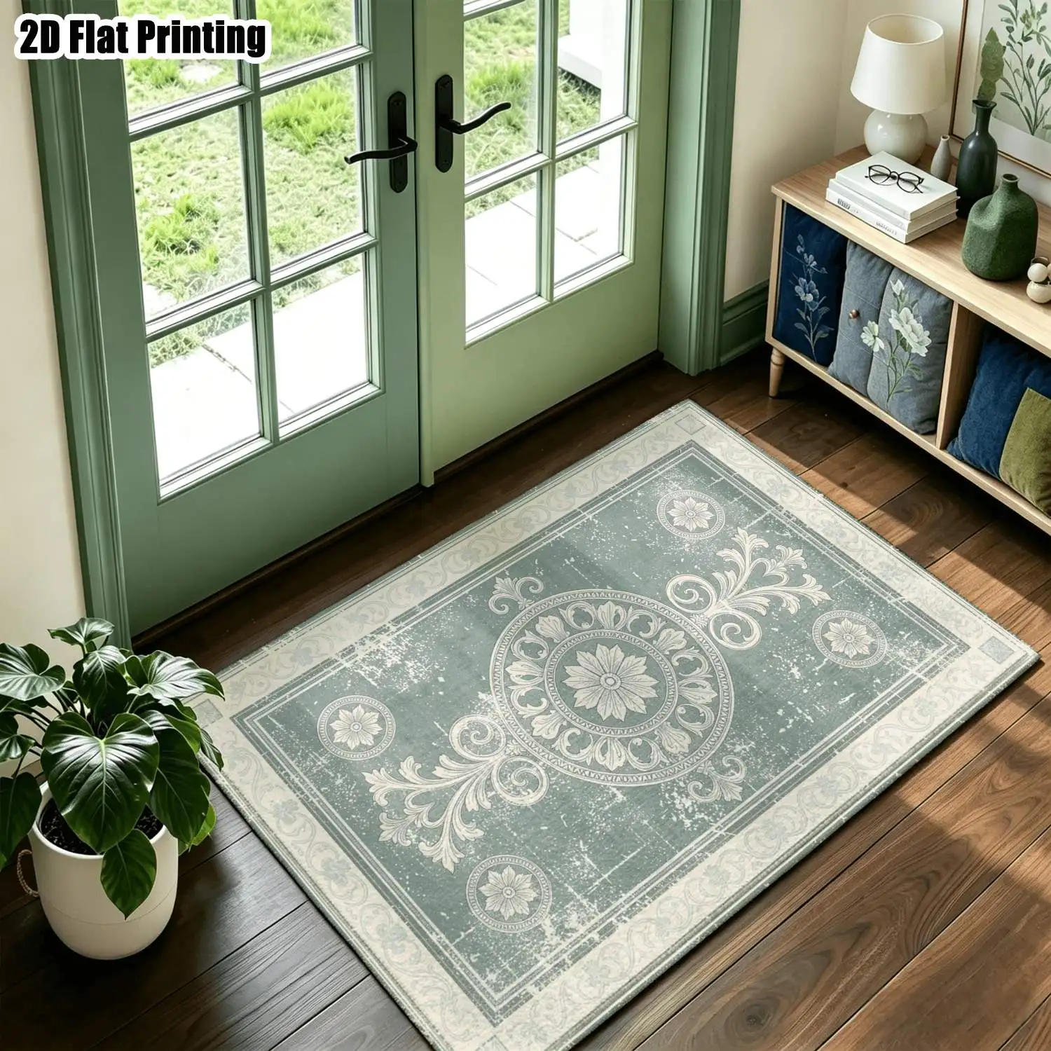 1Pc 2D Printed Gray-Green Retro European Scrolling Flower Carpet: Ideal Home Decor, Multi-Size, Machine Washable, Suitable for Entrance, Dining, Foyer, Bedroom, Study, Living Room