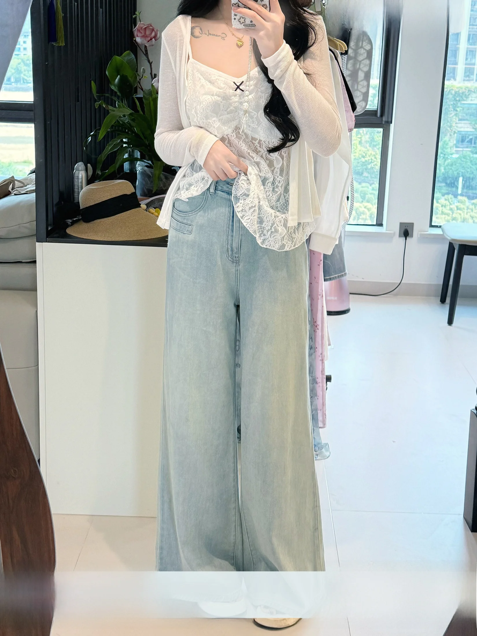 

Светло-голубые винтажные широкие джинсы для женщин, летние, свободного кроя, универсальные, стройнящие, тонкие, из денима, прямого кроя, Cleanfit