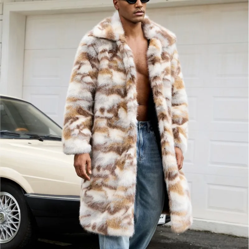 رجل فو الفراء التمويه سترة فضفاضة القمم الفراء رقيق رشاقته معاطف طويلة سترة ملابس خارجية 2025 الشتاء الدافئة جاكيتات معاطف الرجعية