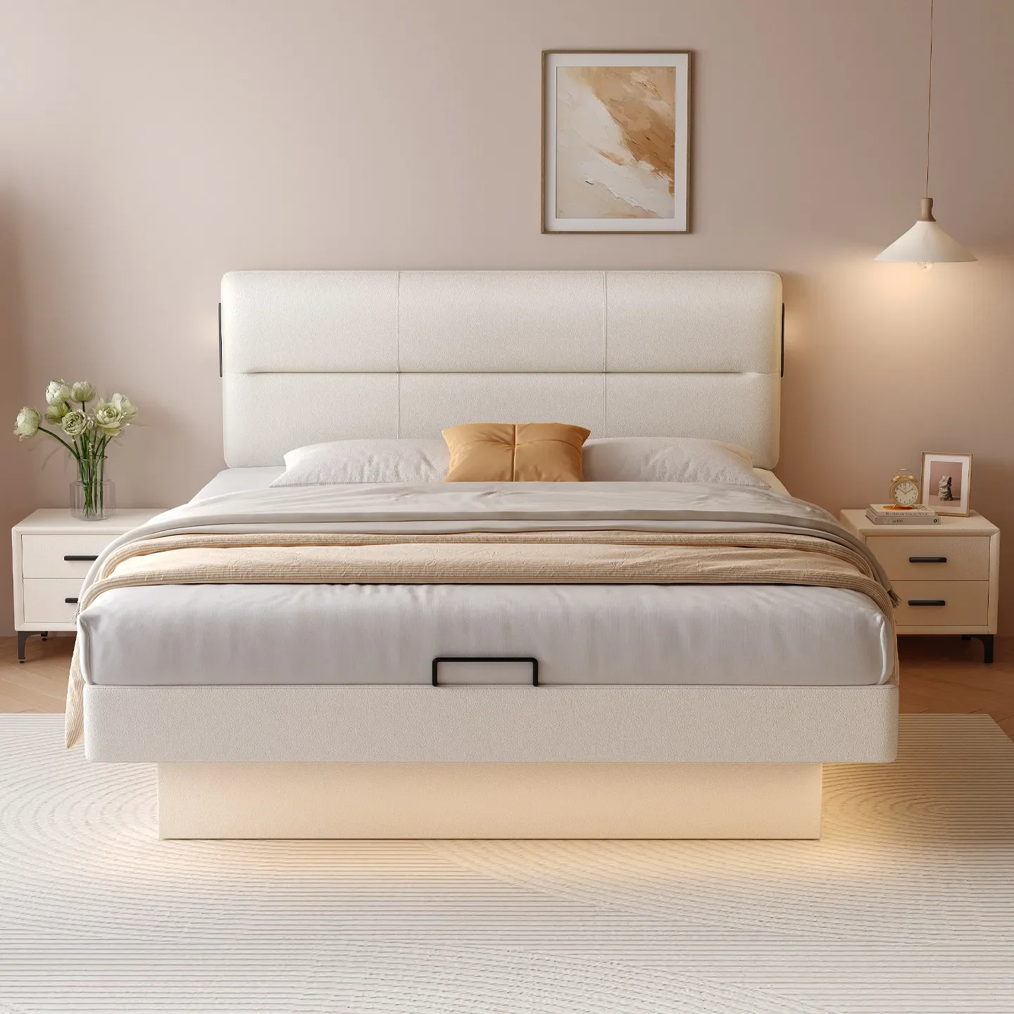 Simple floating storage bed, solid wood double bed, small apartment, master bedroom space-saving, adjustable thin headboard bed
