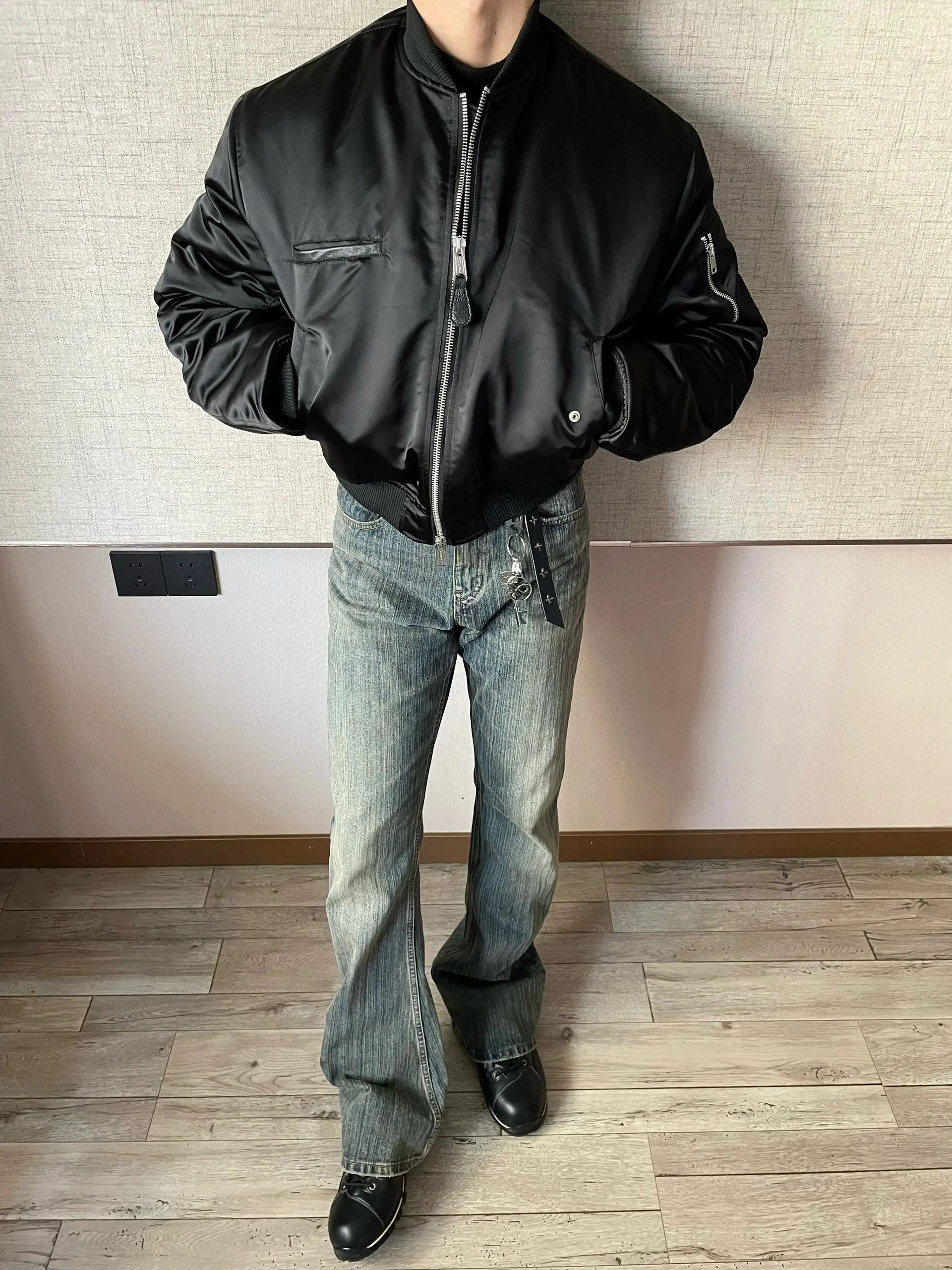 

Retro American Washed Bamboo Pattern Men's Jeans Straight Leg Micro Flared Slimming Cleanfit Street Style Casual Jeans